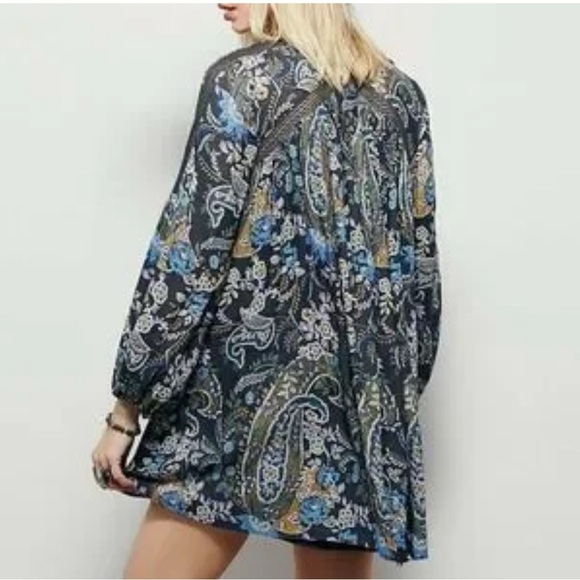 Free People Blue and White Mini Sundress with Bishop Sleeves - Picture 1 of 10